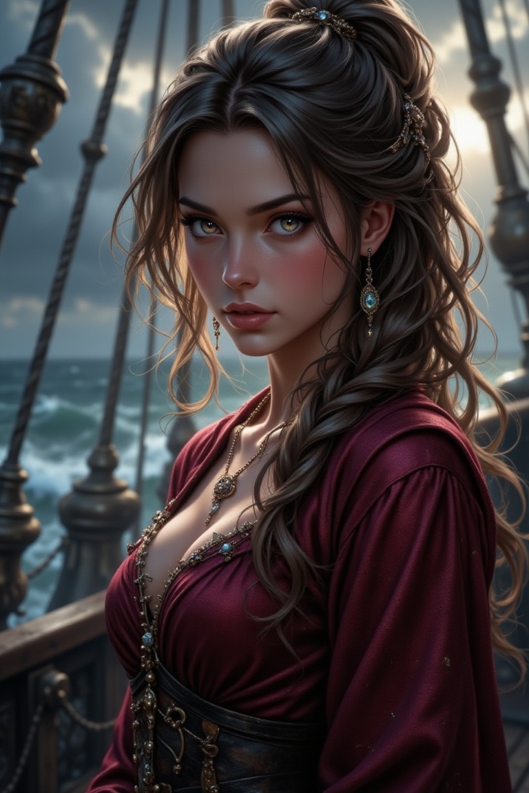 Talia Morgulis,  18th-century pirate captain,  stands on her ship's deck on Tensor.Art