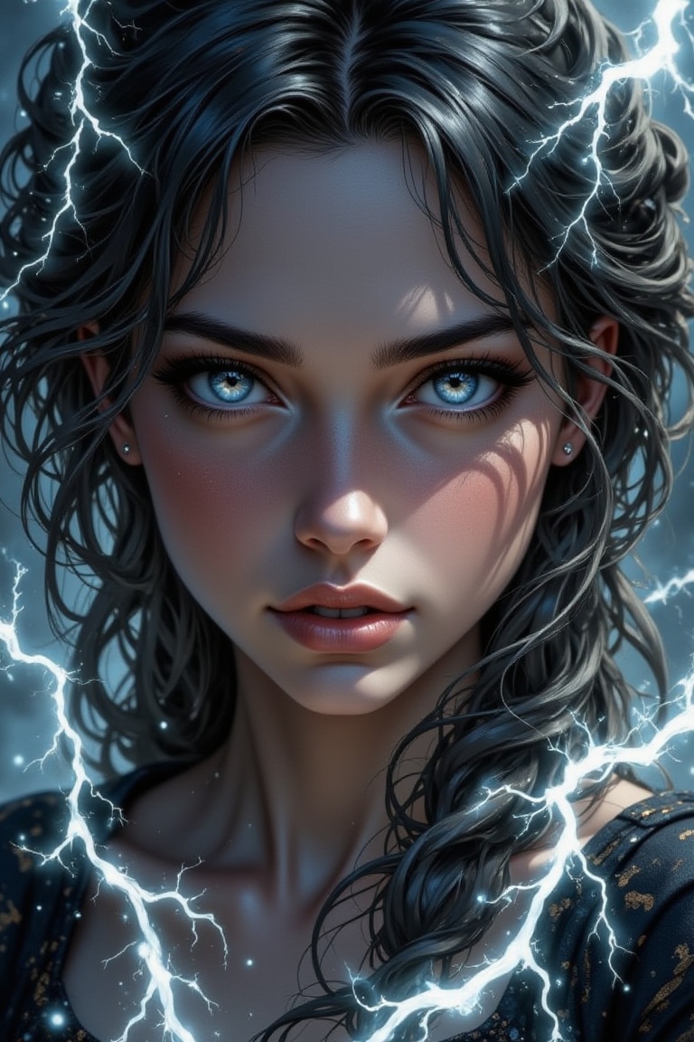 A woman gazes with resigned eyes,  ink wash storm clouds swirling around her in chaotic lines. Lightning illuminates her s...