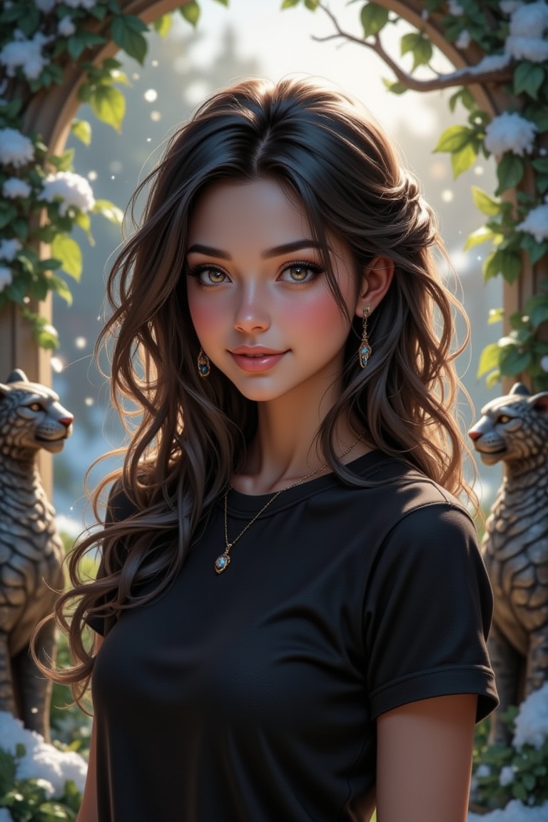 A 22-year-old South-Asian girl with a sharp,  long face and wavy,  thick black hair smiles lightly on Tensor.Art