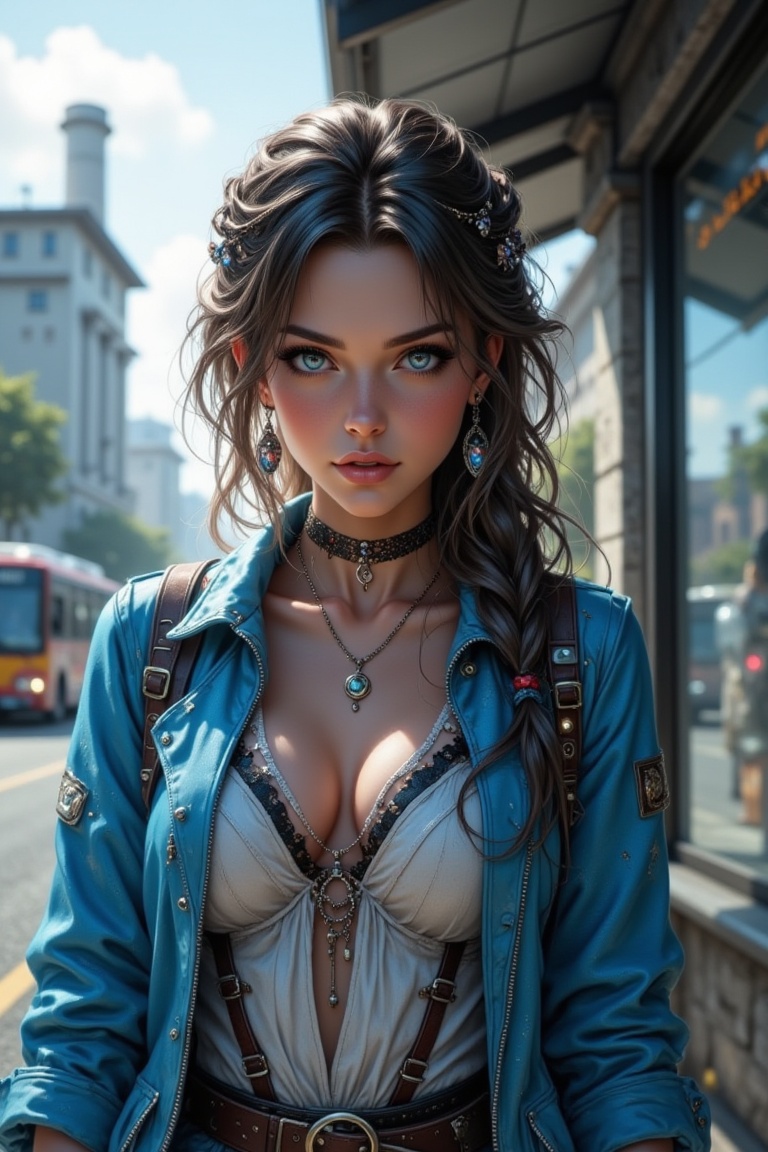 A photorealistic,  ultra-detailed pop surrealist image of a sexy pirate in a blue sport thin jacket and white & black top,...