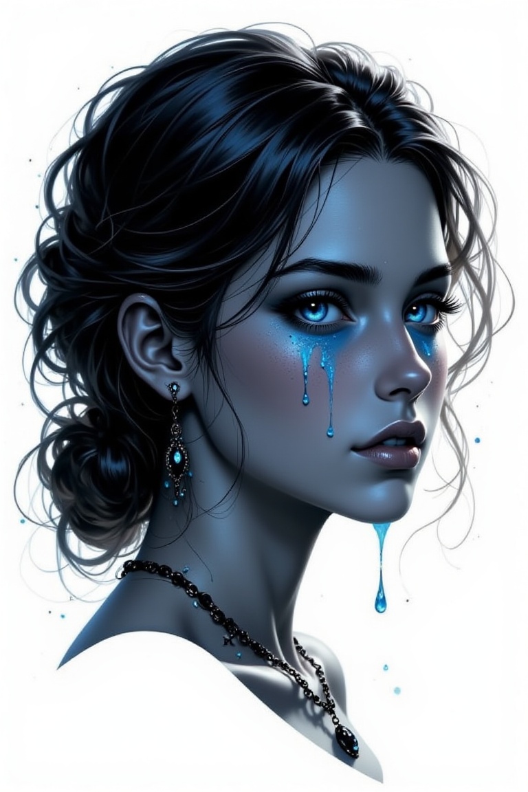 (A simple and elegant portrait depicting the silhouette of a woman crying blue tears on a pure white canvas.The outline us...