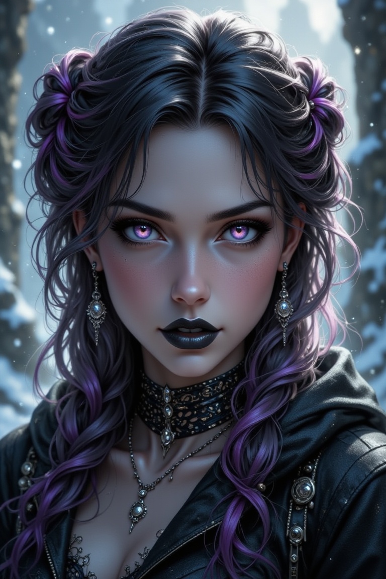 A hyperrealistic portrait of a mysterious,  alluring woman with a pale face,  long coal-black hair with vivid purple highl...