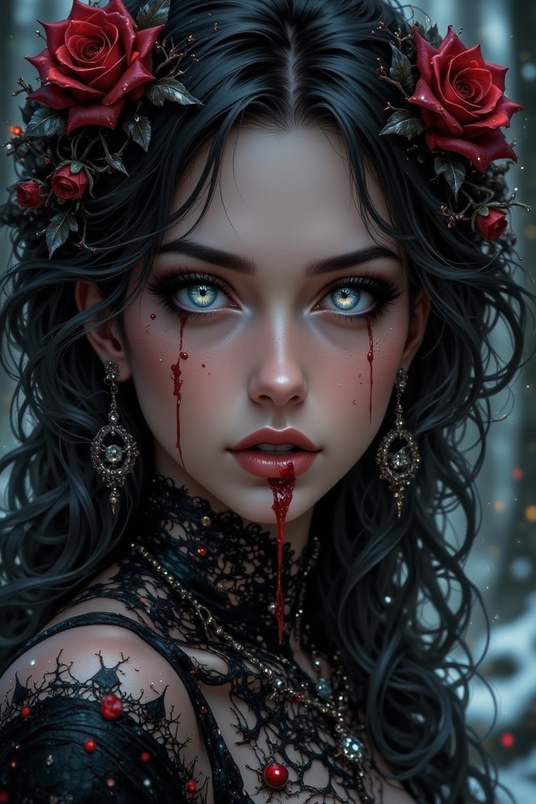 A woman,  a vampire,  head tilted forward on Tensor.Art