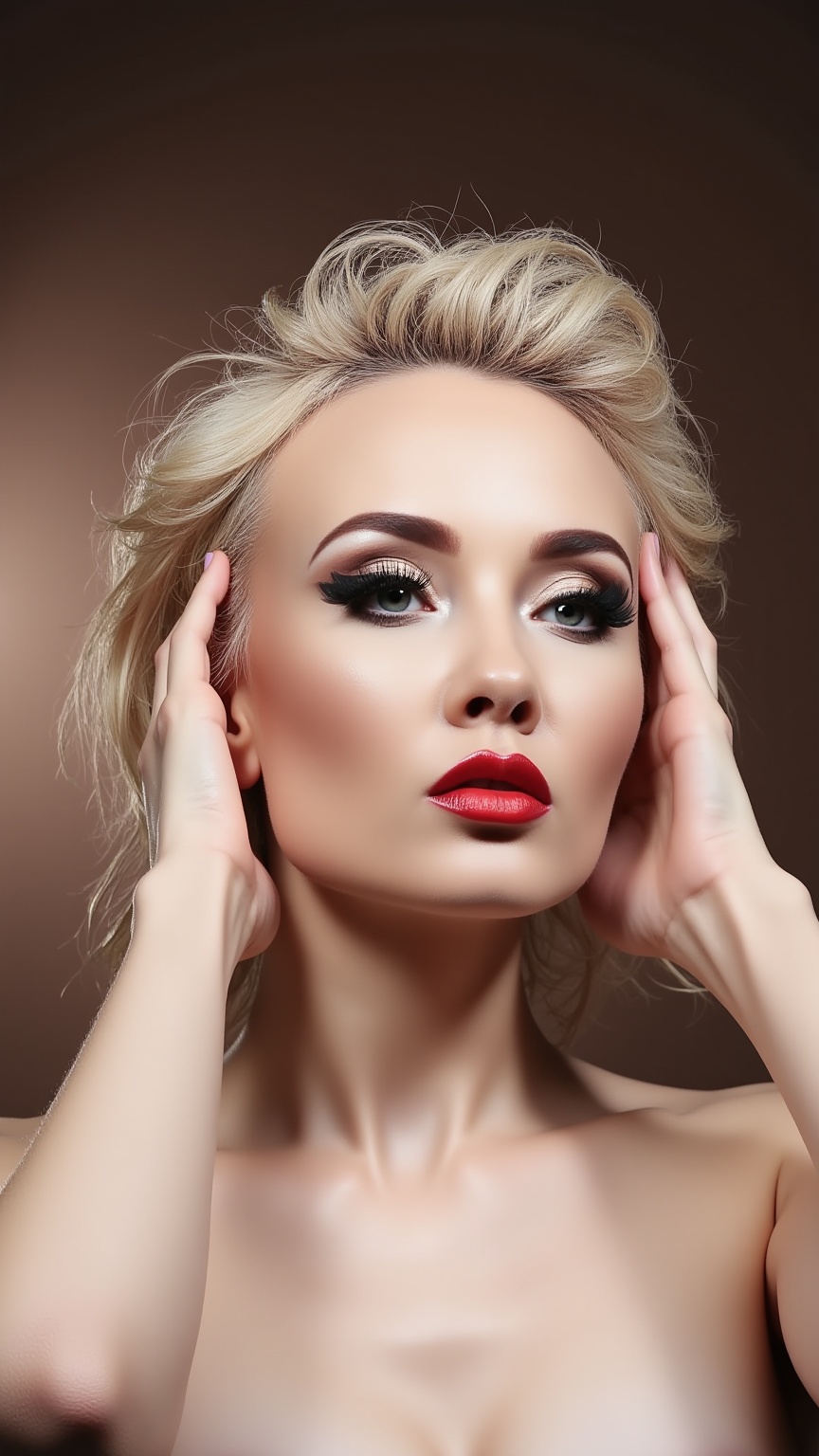 The image is a high-resolution photograph featuring k08ur9,  a woman with a dramatic,  intense expression. She has a light...