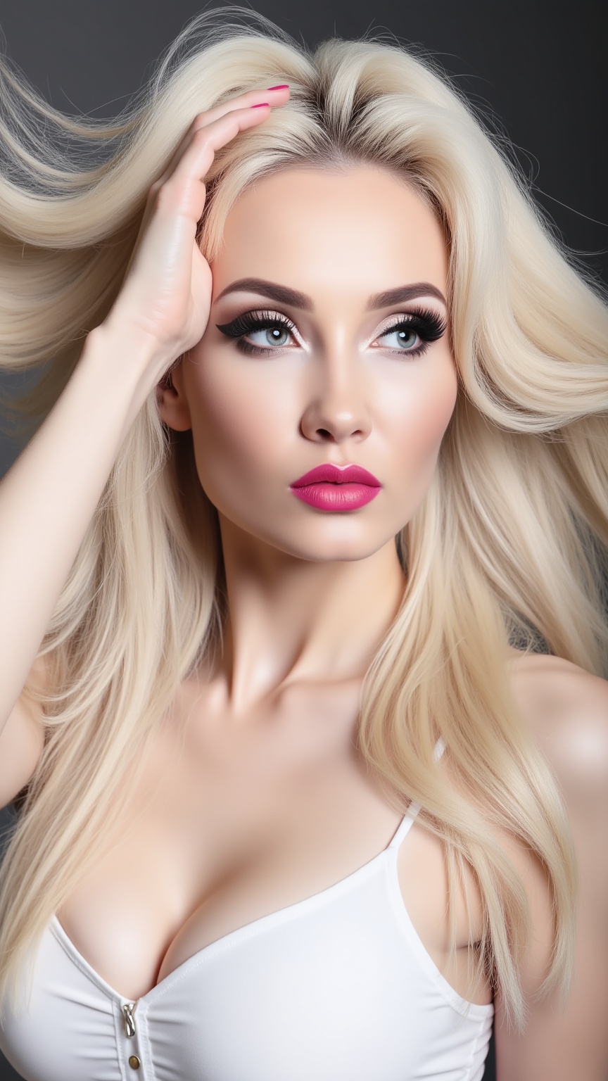 The image is a high-resolution photograph featuring k08ur9,  a young woman with a striking appearance. She has long,  flow...