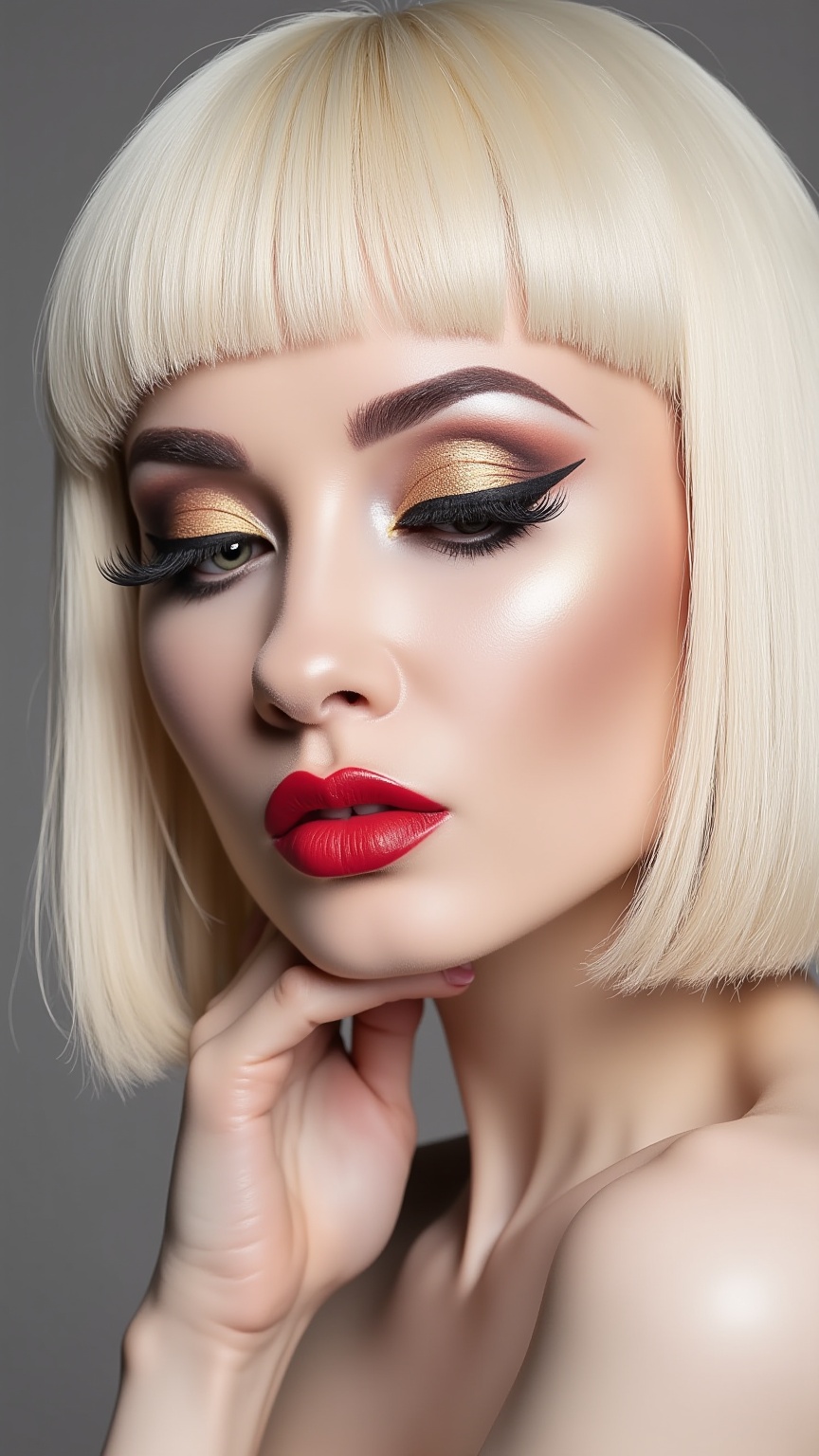 The image is a high-resolution photograph of a close-up portrait of k08ur9,  a woman with striking features. The subject i...