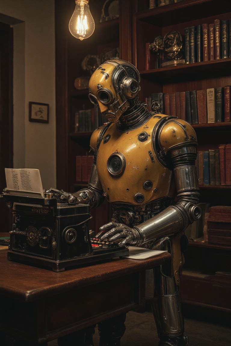 retrofuturism,  A robot with intricately designed brass joints and a glowing chestplate sits at a vintage typewriter in a...