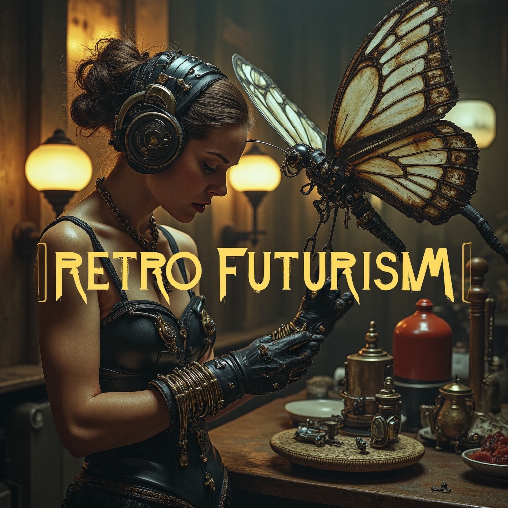 prominent steampunk text that read "RETRO FUTURISM" on the center,  featuring a graceful inventor with oil-streaked gloves...