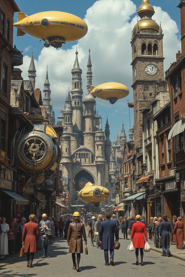 retrofuturism,  A sprawling steampunk city bursts to life with massive airships crisscrossing the skyline,  their brass fi...