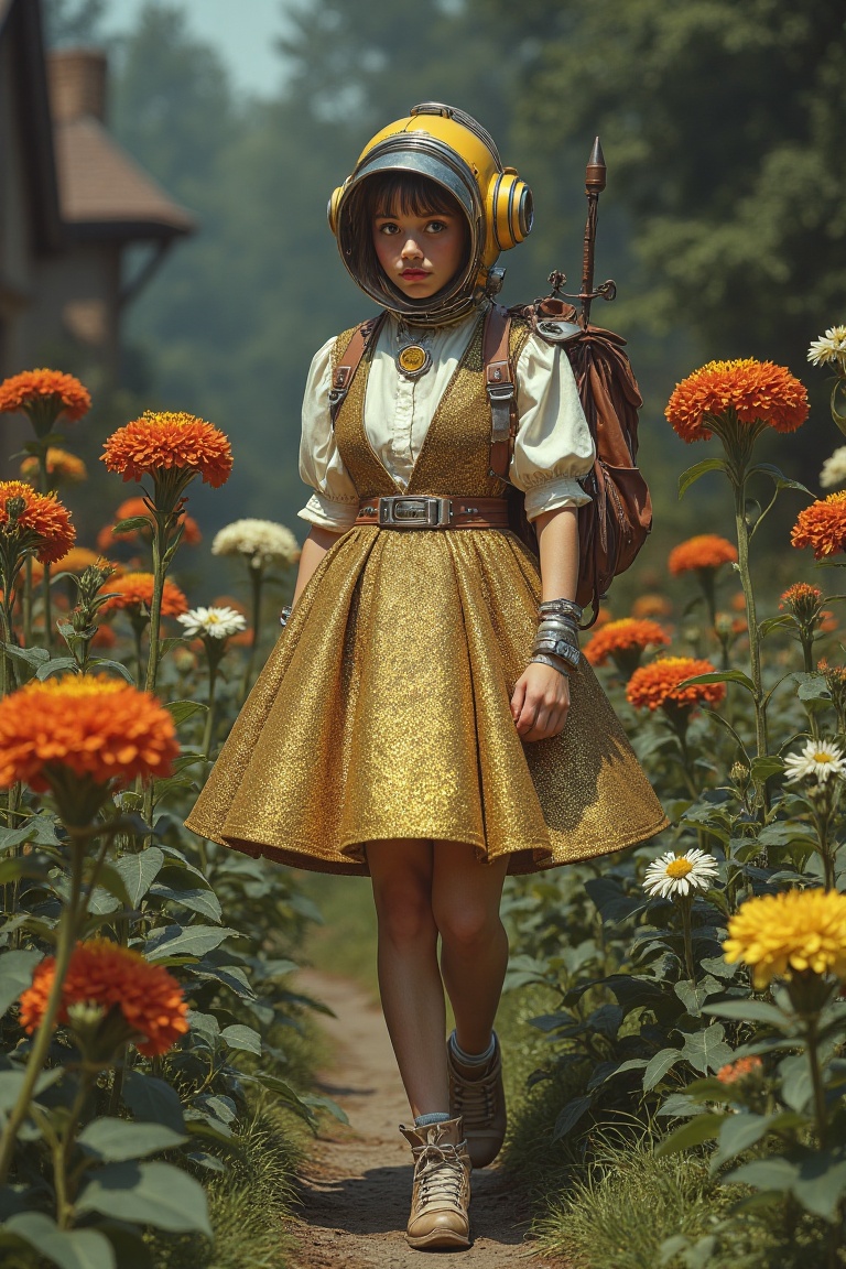 A portrait girl wearing a futuristic hoop skirt of shimmering metal walks through a garden of mechanical flowers. Each ste...
