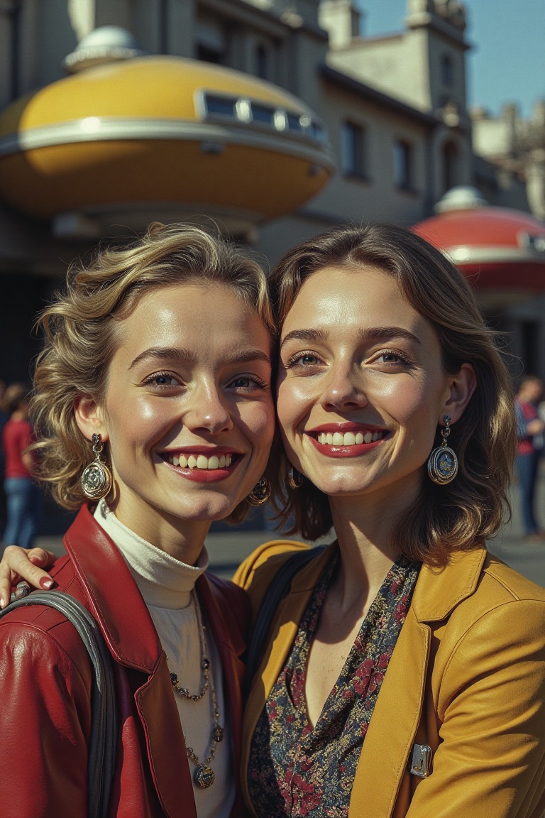 portrait of two woman,  smiling happy ,  retrofuturism on Tensor.Art