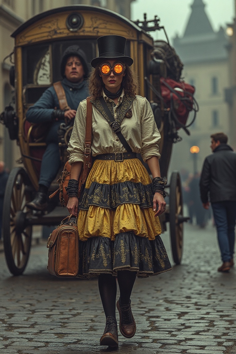 A young woman with a top hat and luminous goggles steps off a steam-powered carriage onto cobblestone streets. Her layered...