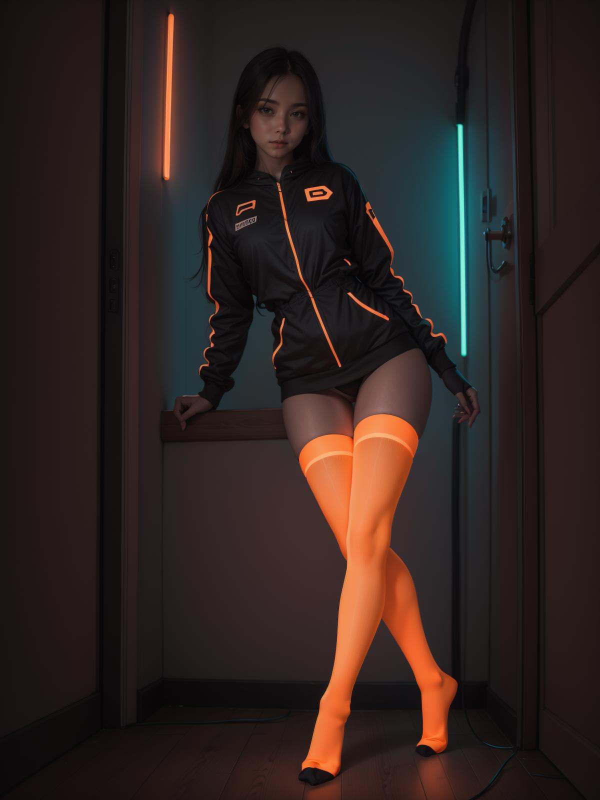 1girl,  glowing neon orange thighhighs on Tensor.Art