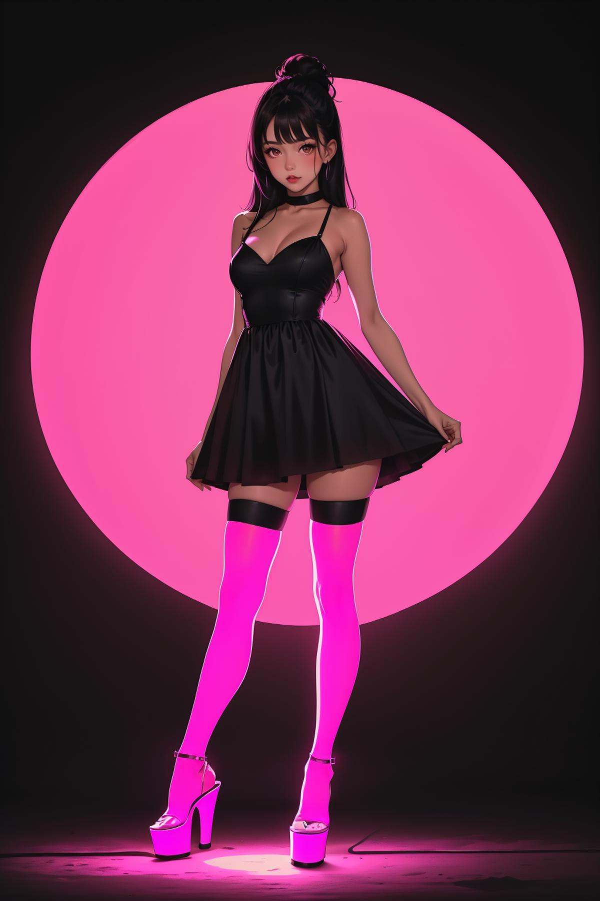 1girl,  glowing neon pink platform heels,  glowing neon pink thighhighs on Tensor.Art