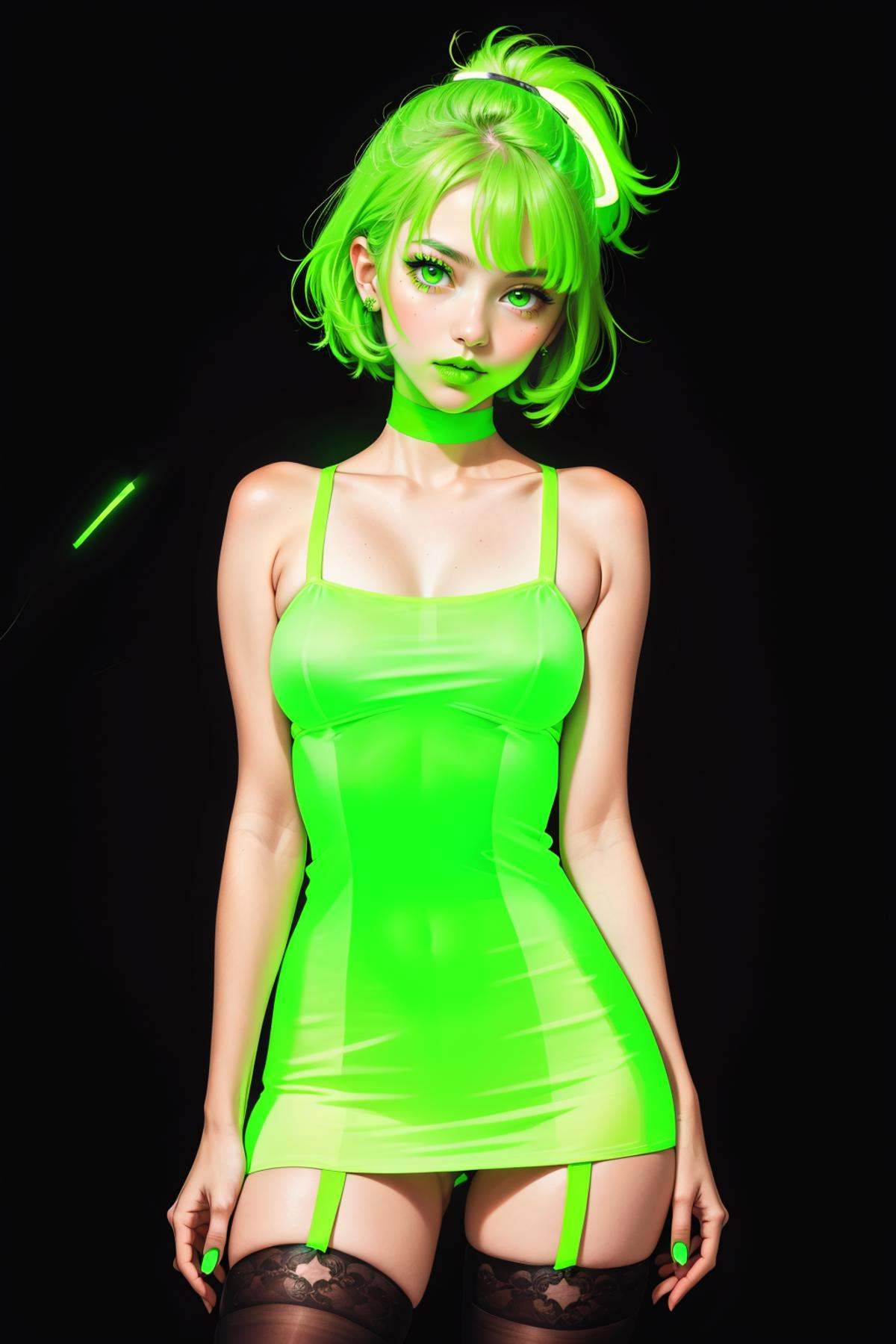 1girl,  (glowing neon green lipstick,  glowing neon green dress on Tensor.Art