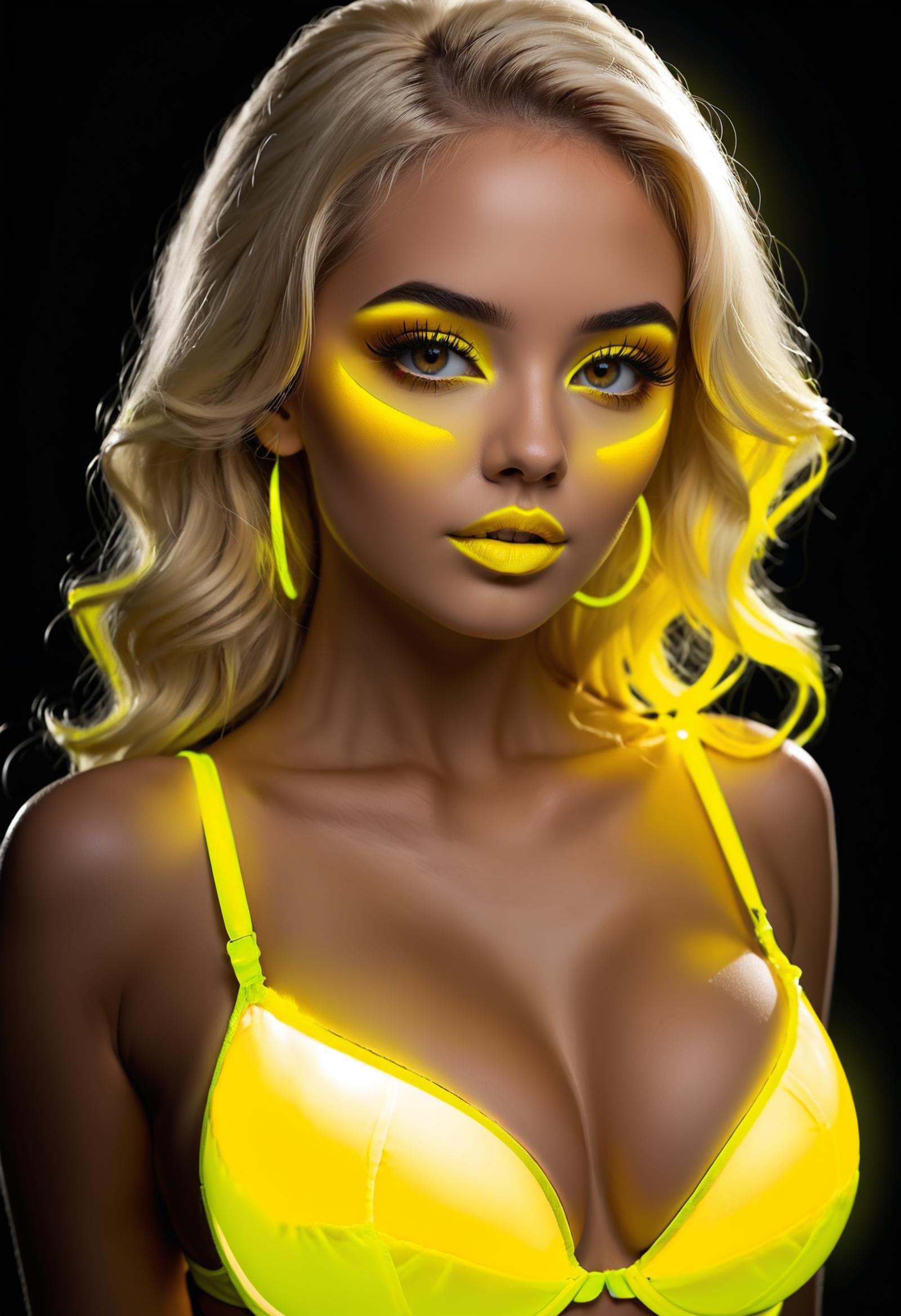 1girl,  glowing neon yellow makeup,  glowing neon yellow bra on Tensor.Art