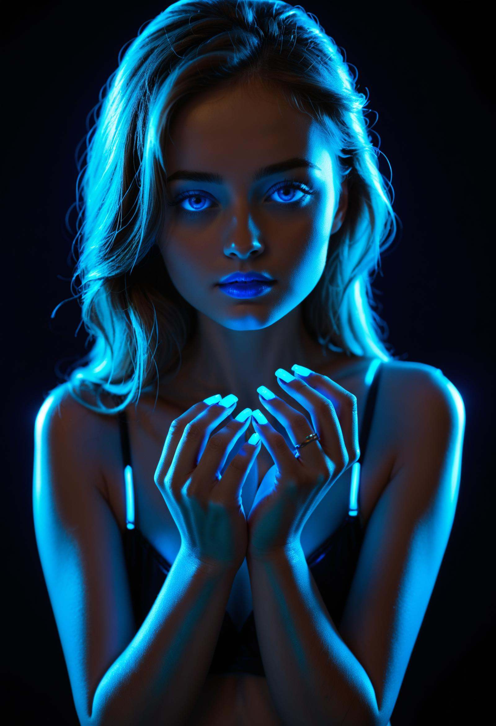 hands on hips,  1girl,  glowing neon blue fingernails on Tensor.Art