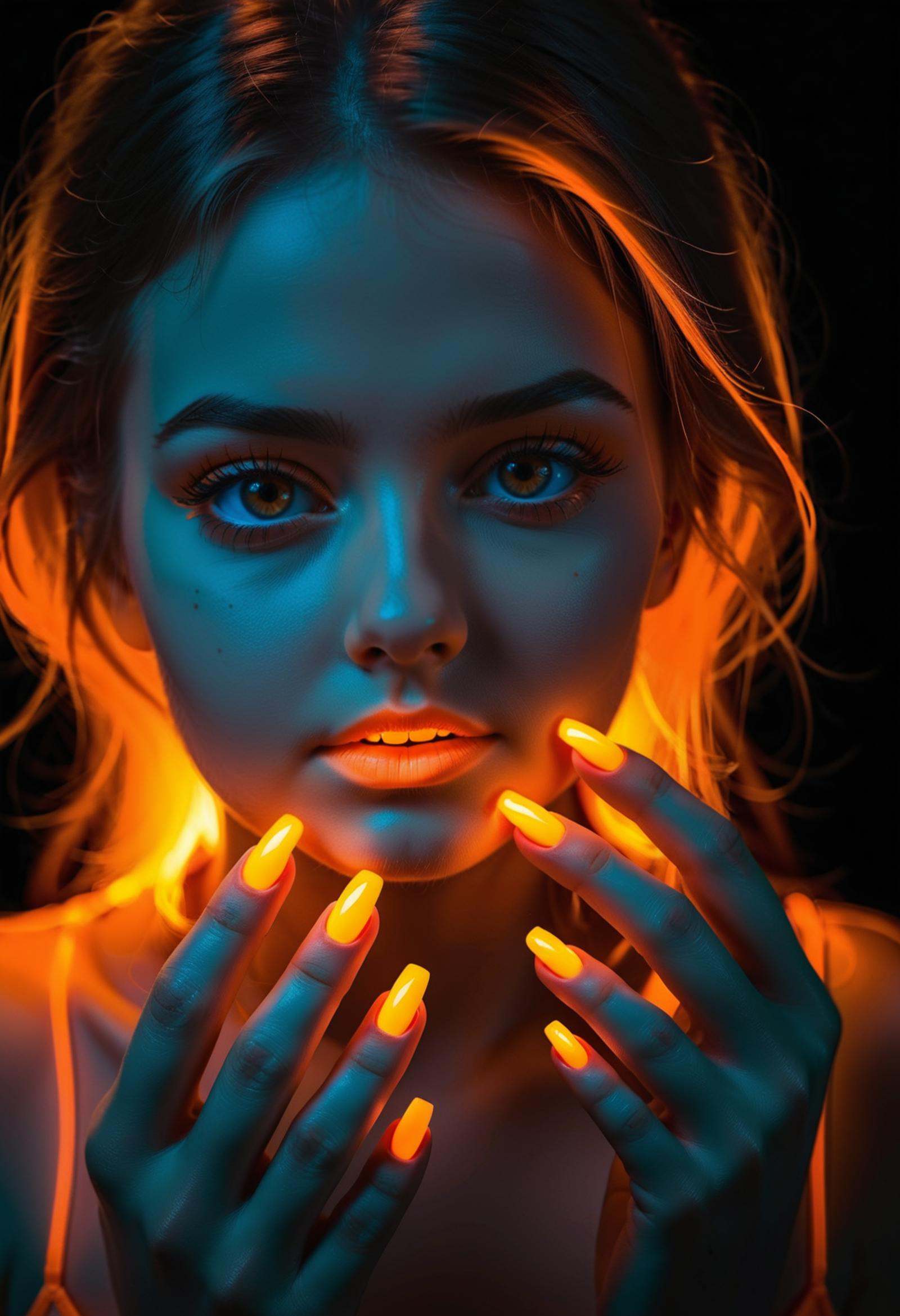 1girl,  glowing neon orange fingernails,  nail polish on Tensor.Art