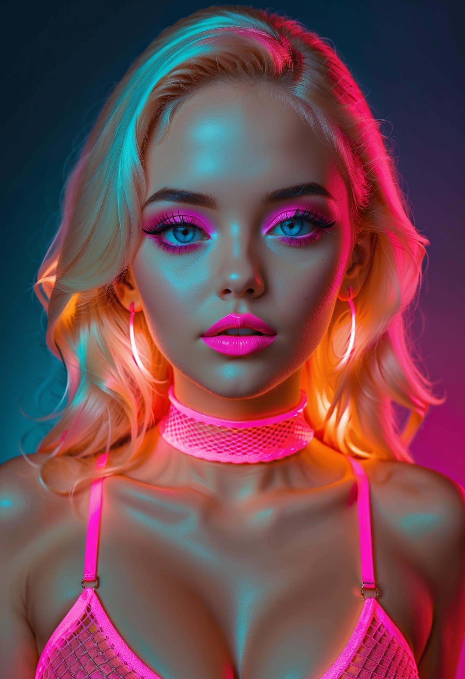 upper body portrait,  1girl,  glowing neon pink fishnets on Tensor.Art