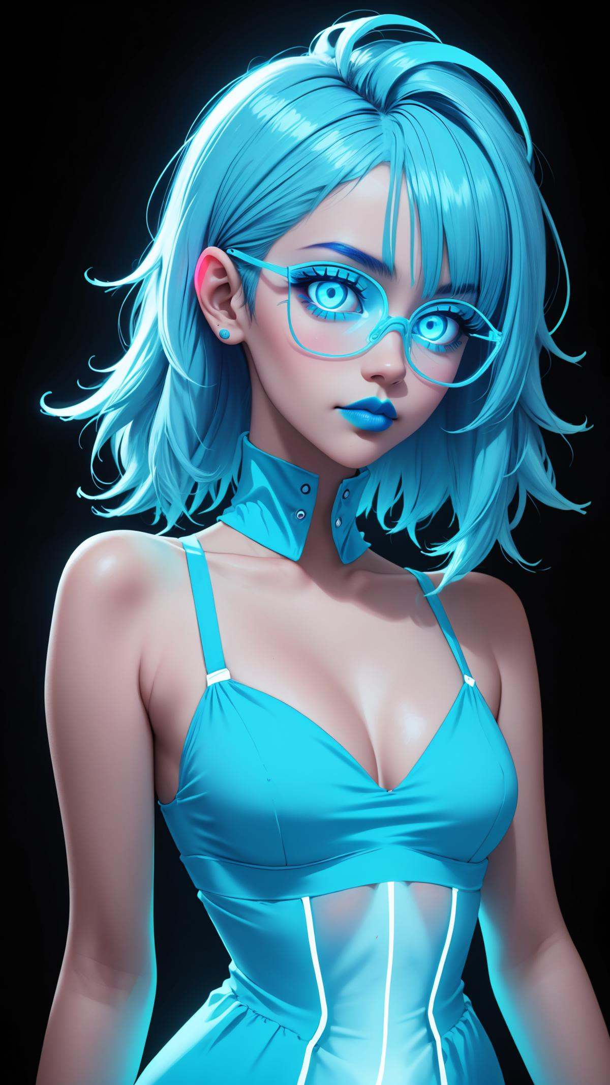 glowing neon blue glasses,  glowing neon blue dress,  glowing neon blue hair on Tensor.Art