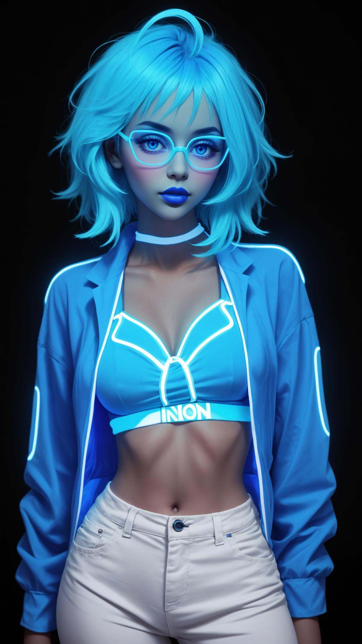 (glowing neon blue glasses),  glowing neon blue shirt,  glowing neon blue hair on Tensor.Art