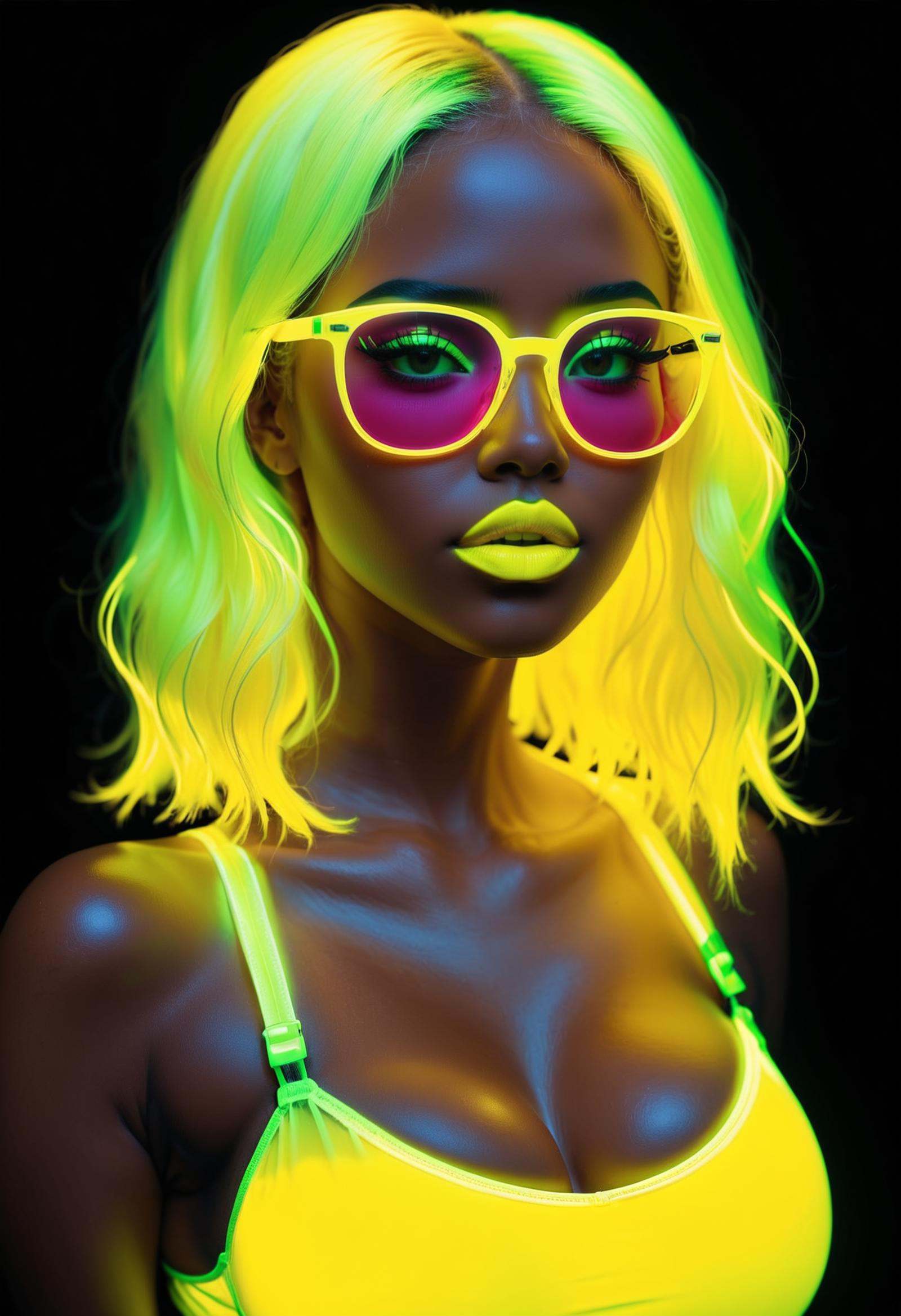 glowing neon yellow hair,  glowing neon yellow glasses,  glowing neon yellow **** top on Tensor.Art