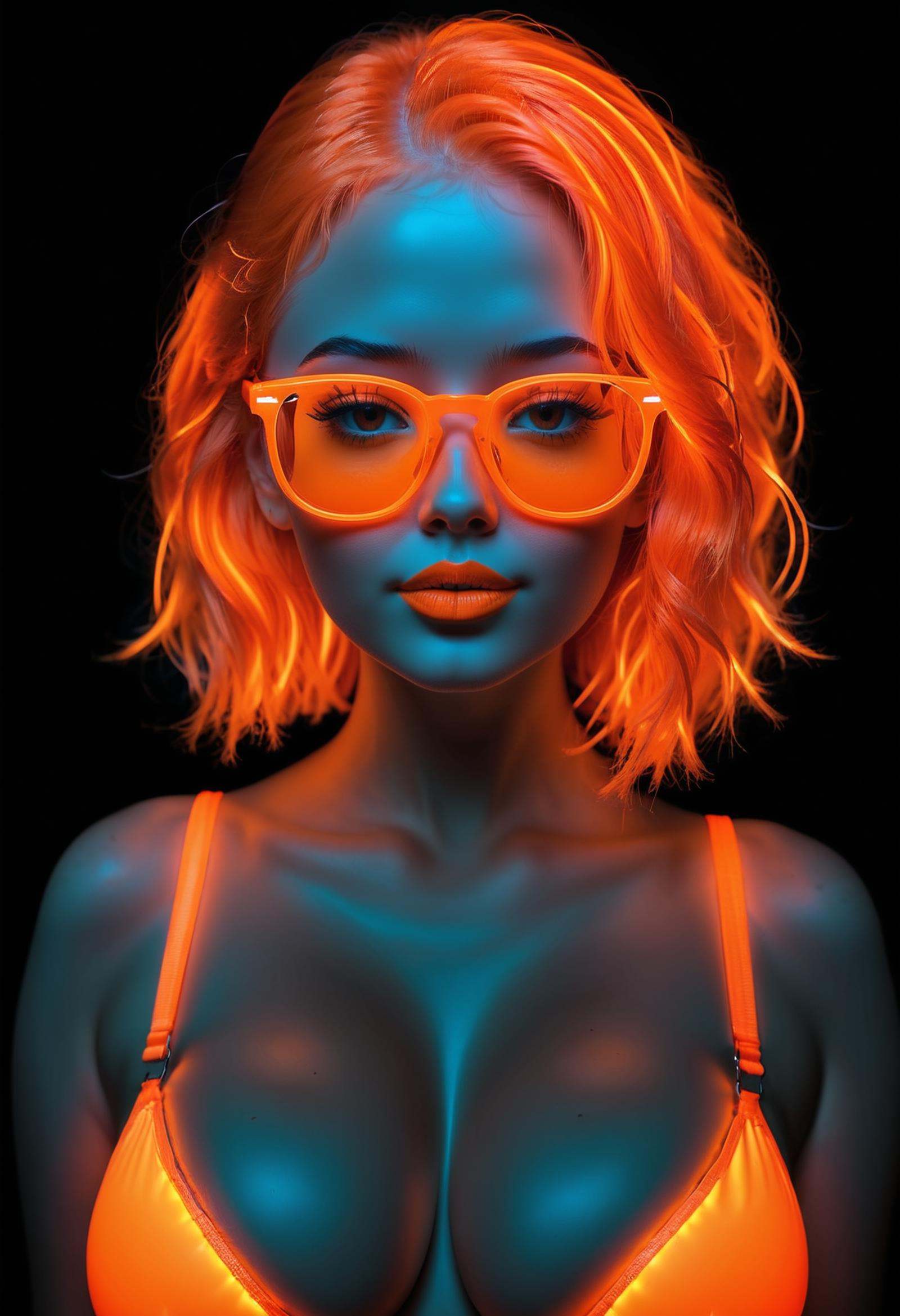 (glowing neon orange hair),  glowing neon orange glasses,  glowing neon orange dress on Tensor.Art