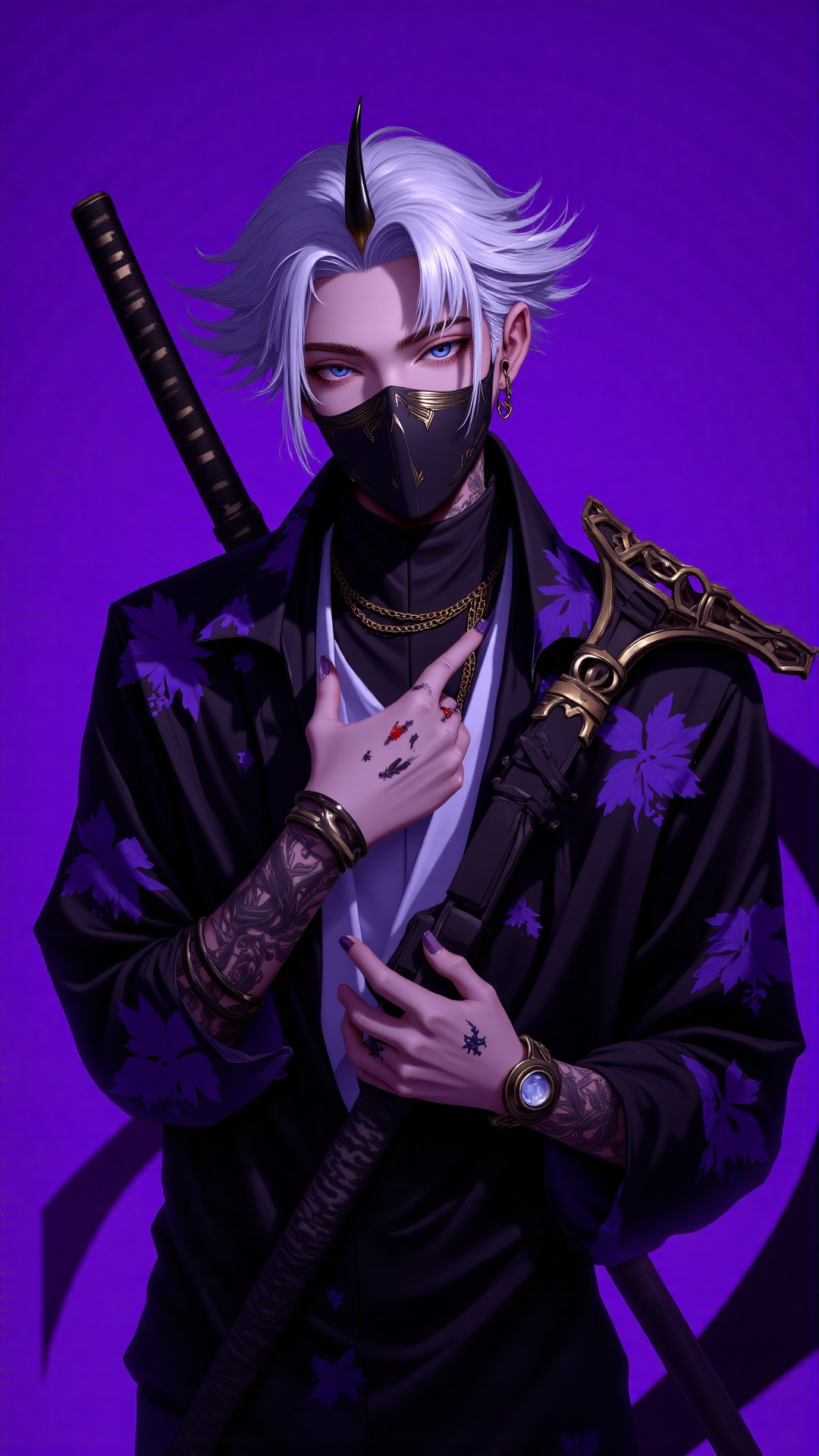 flux,  A solitary figure stands solo,  gazing directly at the viewer with piercing blue eyes. Against a simple yet strikin...