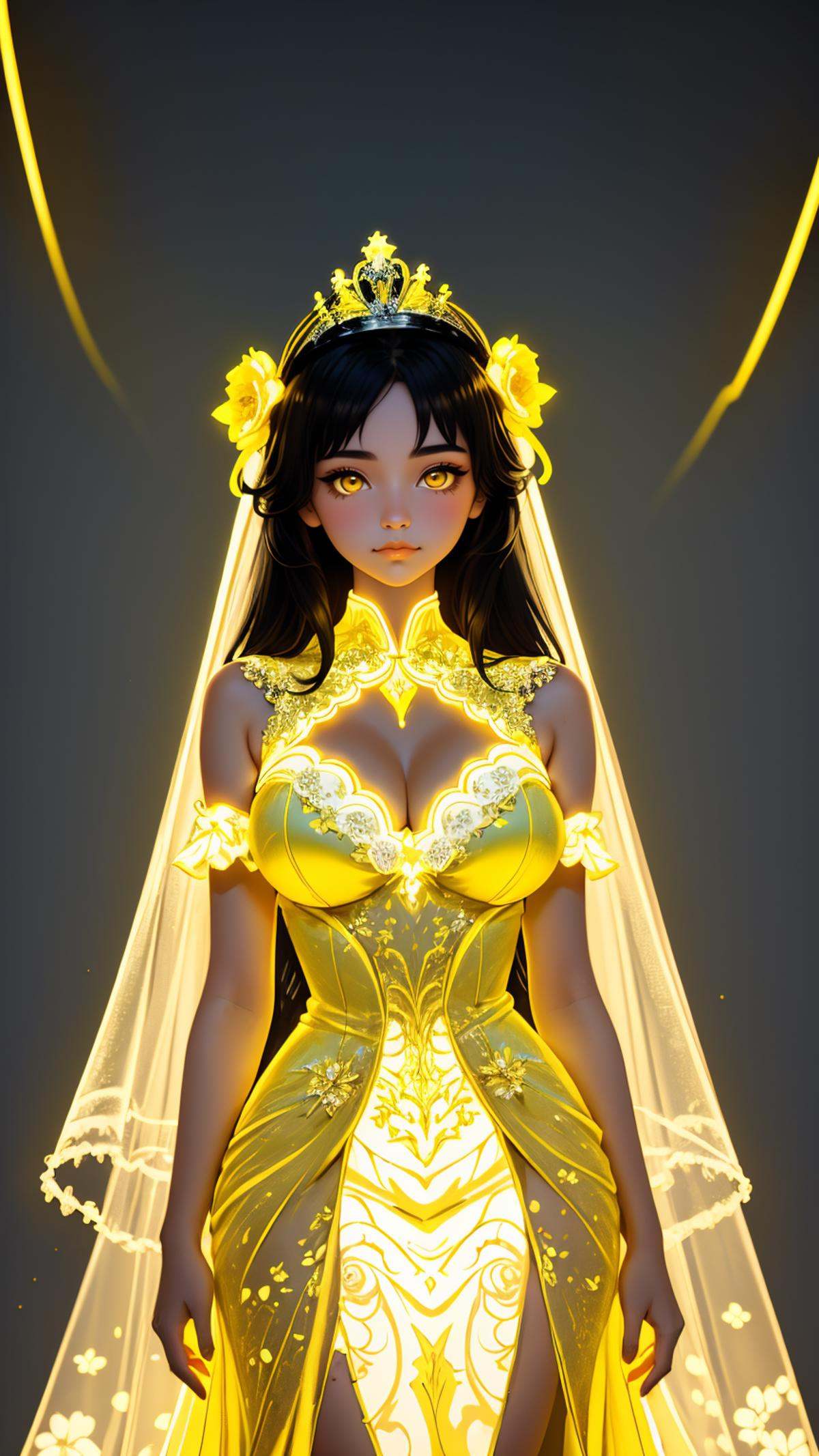 glowing-neon-yellow-floral-gown,  glowing-neon-yellow-tiara,  1girl on Tensor.Art