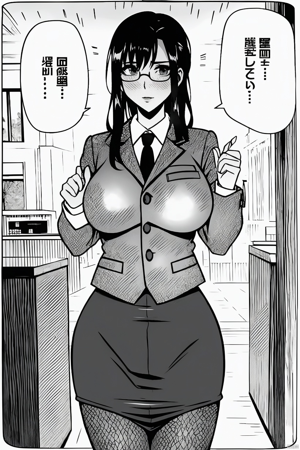 1girl
solo
breasts
blush
skirt
monochrome
greyscale
pantyhose
glasses
huge breasts
formal
fishnets
pencil skirt