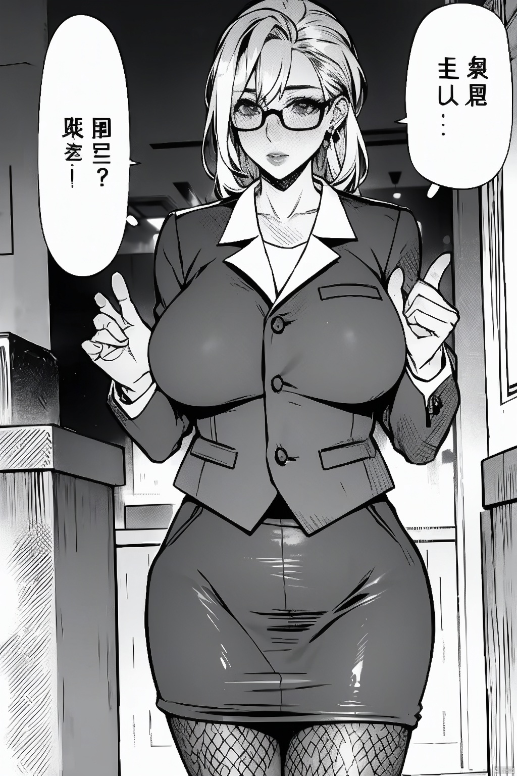 1girl
solo
breasts
blush
skirt
monochrome
greyscale
pantyhose
glasses
huge breasts
formal
fishnets
pencil skirt