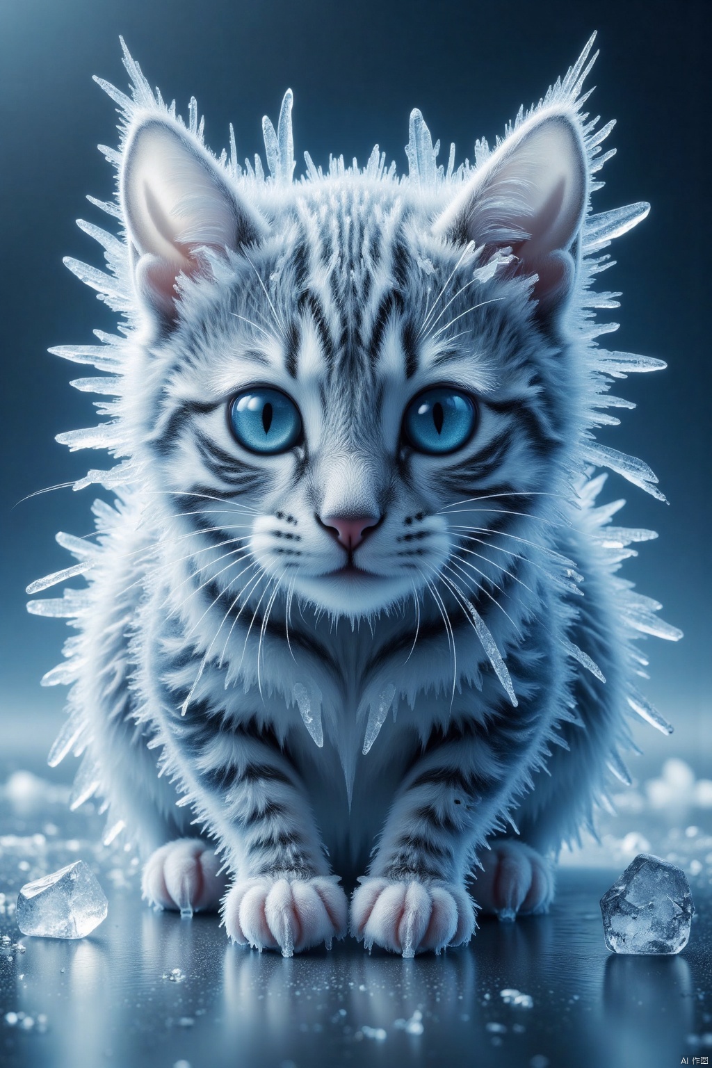 frozen,cat, cold surface, sharp crystal formation, glistening ice covering the body, eyes frozen in time, surrounded by frost, cold blue-white tone, delicate and powerful, mouse frozen in motion, frozen world, mysterious and cold atmosphere.