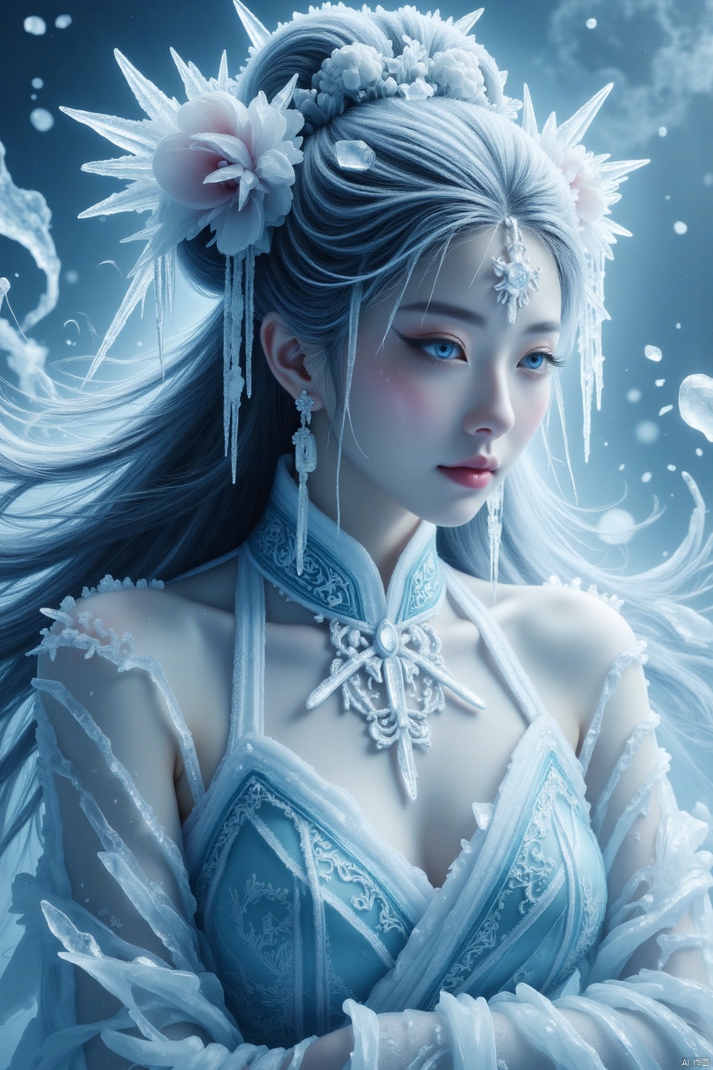 frozen,hanfu,a woman, cold surface, sharp crystal formation, glistening ice covering the body, eyes frozen in time, surrounded by frost, cold blue-white tone, delicate and powerful, mouse frozen in motion, frozen world, mysterious and cold atmosphere.