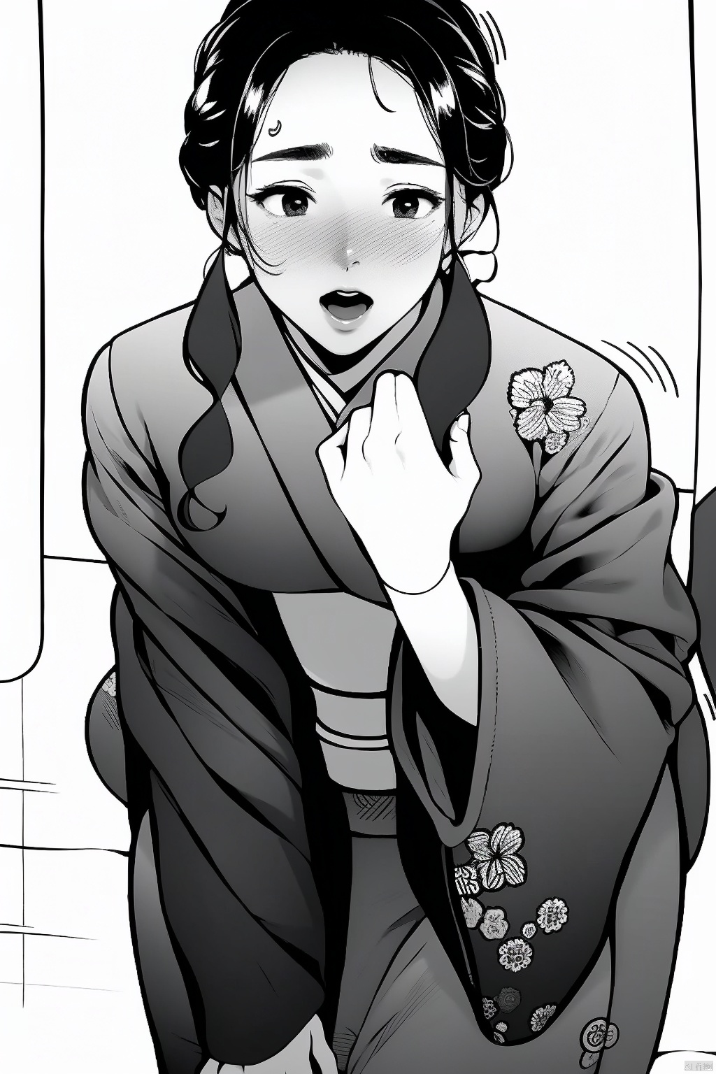 1girl solo looking at viewer blush open mouth monochrome greyscale sweat japanese clothes wide sleeves kimono sash obi floral print hand on own chest
