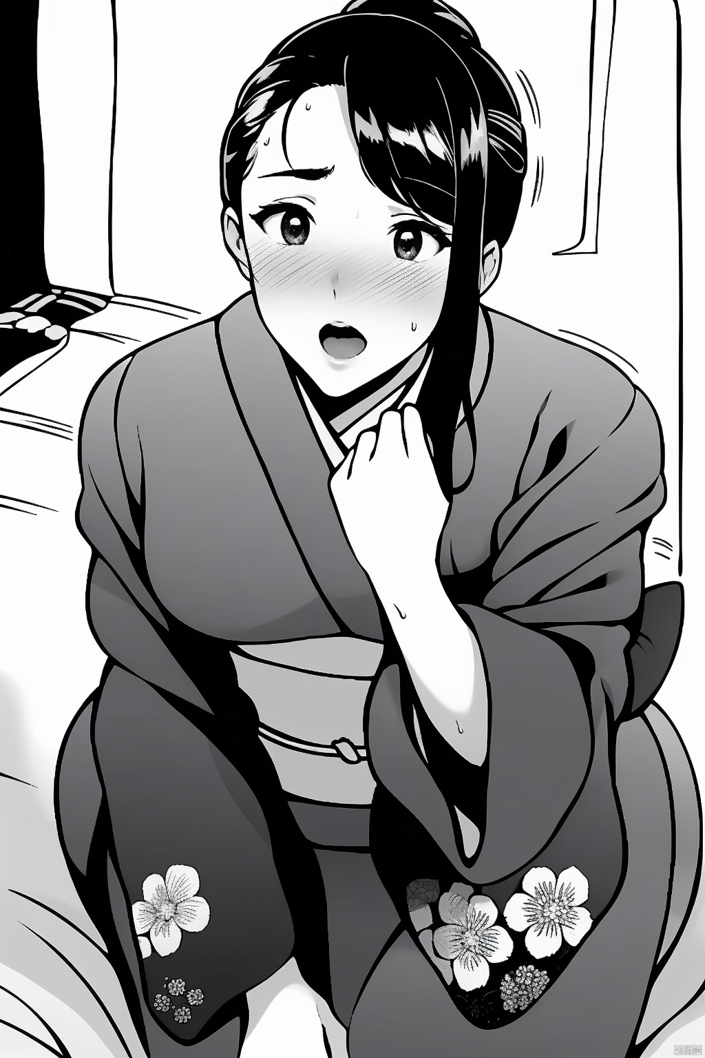 1girl solo looking at viewer blush open mouth monochrome greyscale sweat japanese clothes wide sleeves kimono sash obi floral print hand on own chest