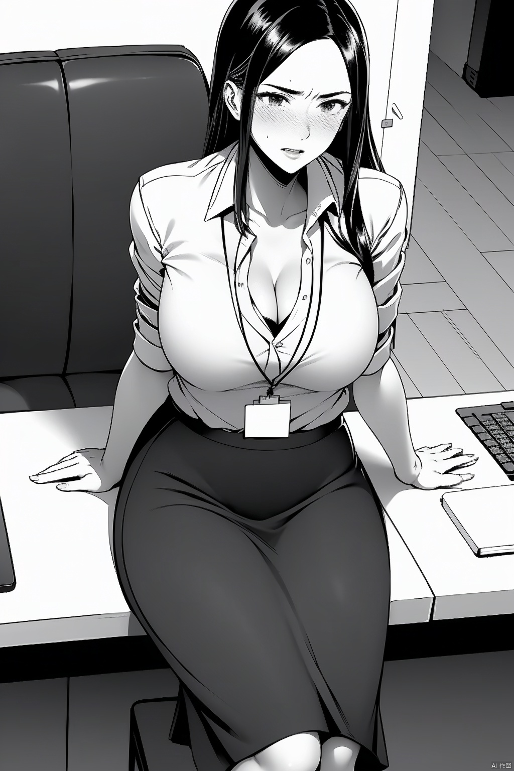 1girl
solo
long hair
breasts
looking at viewer
blush
skirt
shirt
cleavage
underwear
monochrome
greyscale
pantyhose
collared shirt
bra
huge breasts
chair
desk
sleeves rolled up
pencil skirt
office lady
id card
monitor
keyboard \(computer\)
office chair
office
mukai takumi