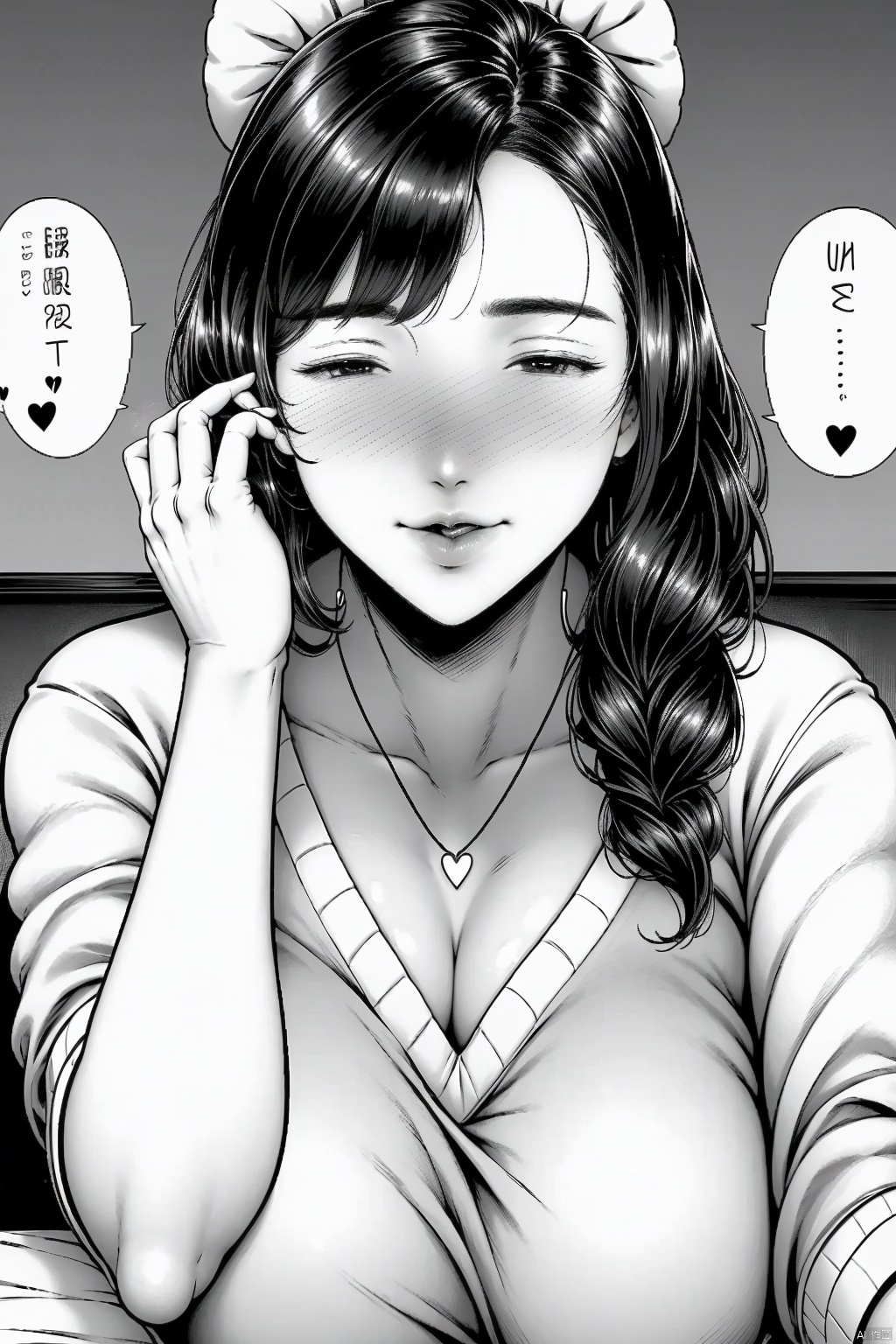 1girl solo breasts looking at viewer blush short hair large breasts cleavage jewelry monochrome greyscale heart tongue tongue out necklace sweater pov ring mature female wedding ring hair tucking