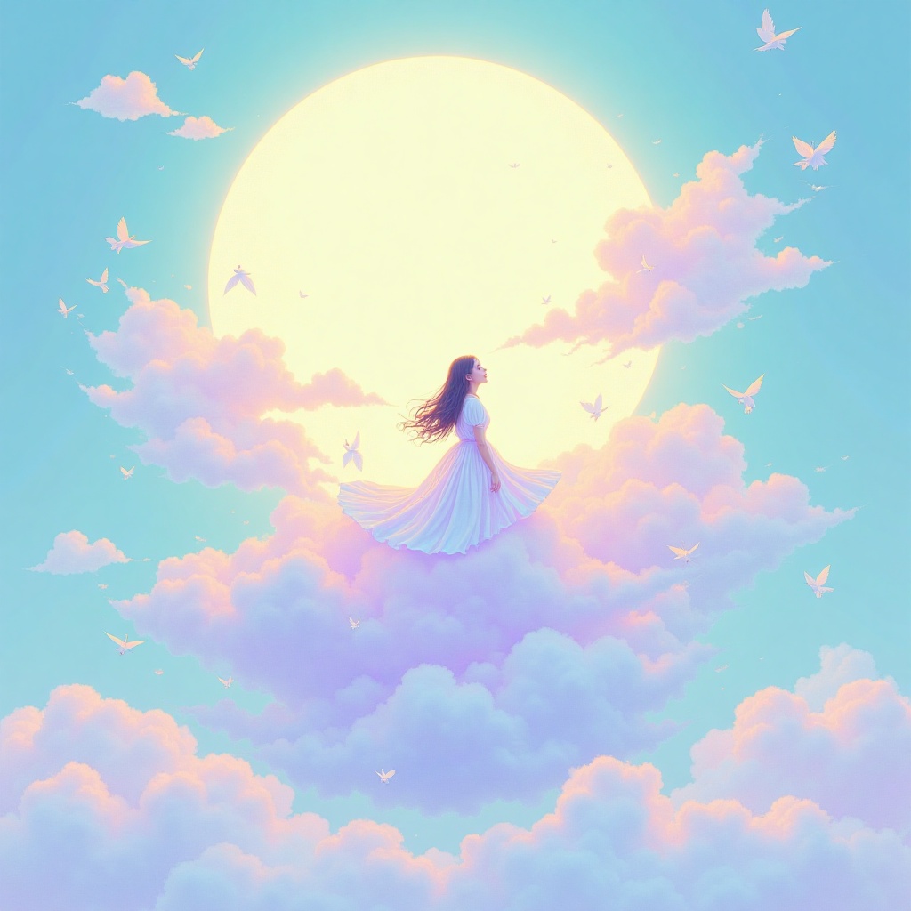 A surreal illustration of a woman riding a giant cloud,  her silhouette outlined by the soft light of a glowing moon. The...