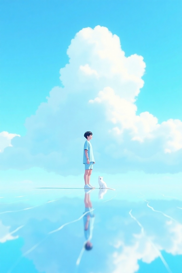 A young person,  positioned slightly off-center to the left side of the image,  stands on a reflective surface on Tensor.Art