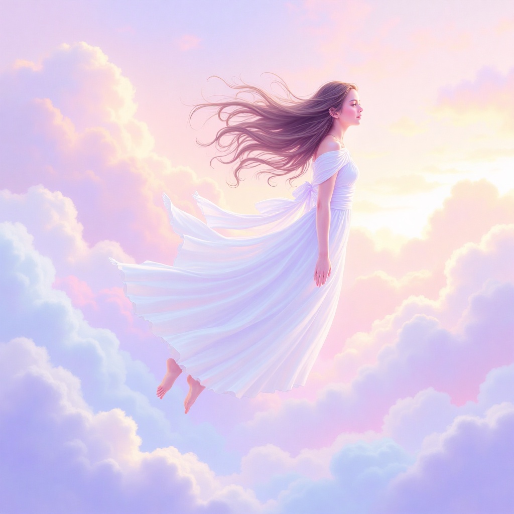 An ethereal illustration of a woman floating among fluffy clouds,  her long hair flowing in the wind,  blending seamlessly...