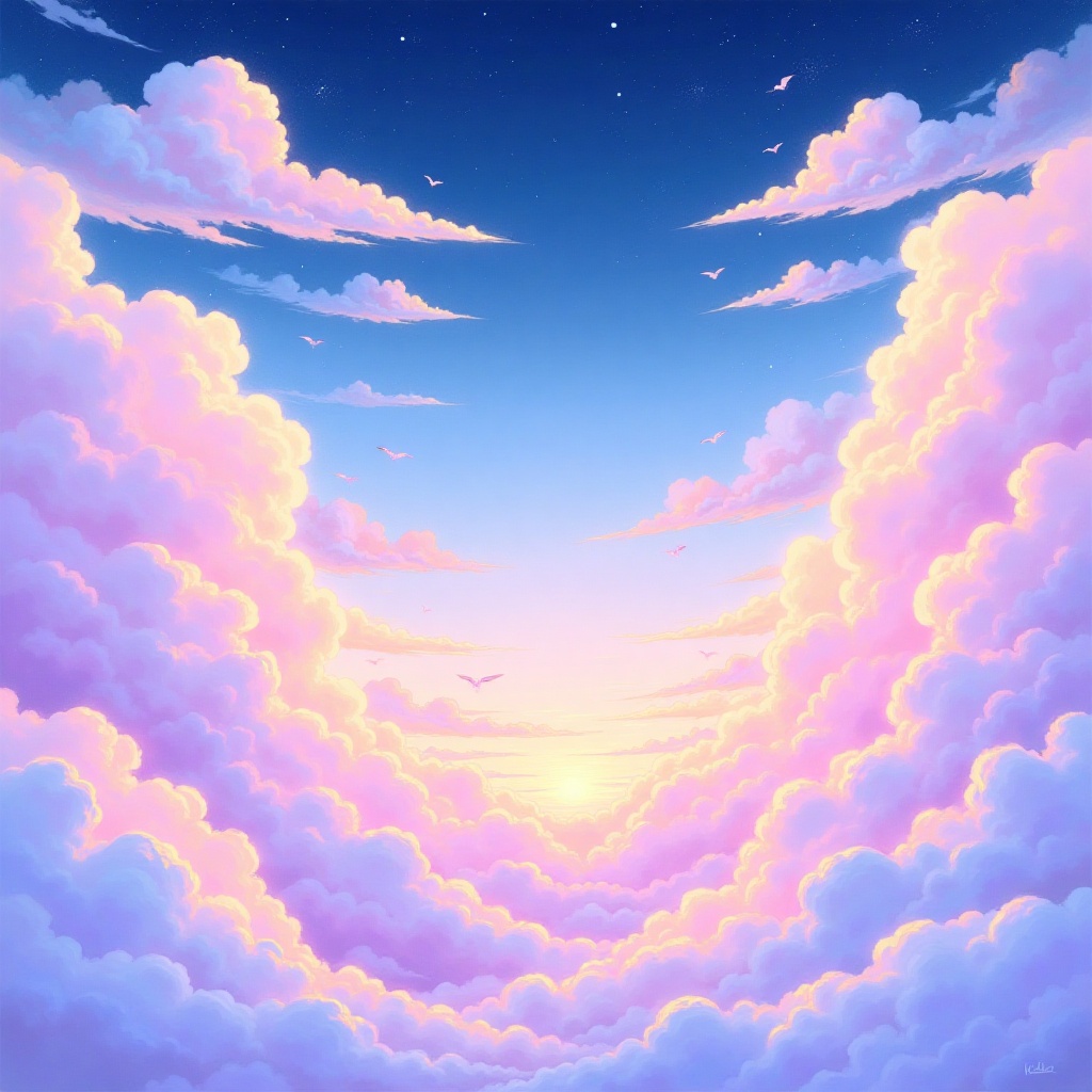 A stunning,  hand-drawn illustration of a dreamy sky filled with soft,  fluffy clouds on Tensor.Art