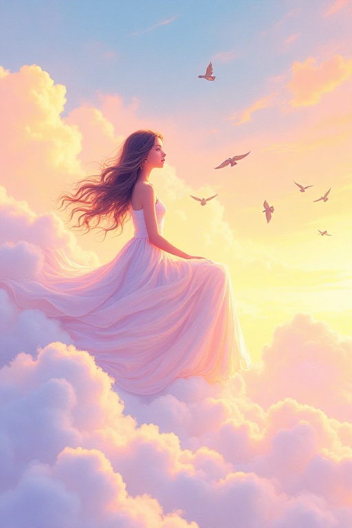 A dreamy illustration of a serene woman sitting on a fluffy white cloud,  her long flowing hair blending seamlessly with t...