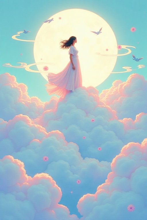 A surreal illustration of a woman riding a giant cloud,  her silhouette outlined by the soft light of a glowing moon. The...