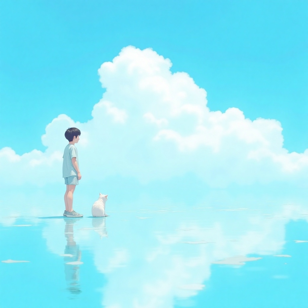 A young person,  positioned slightly off-center to the left side of the image,  stands on a reflective surface on Tensor.Art