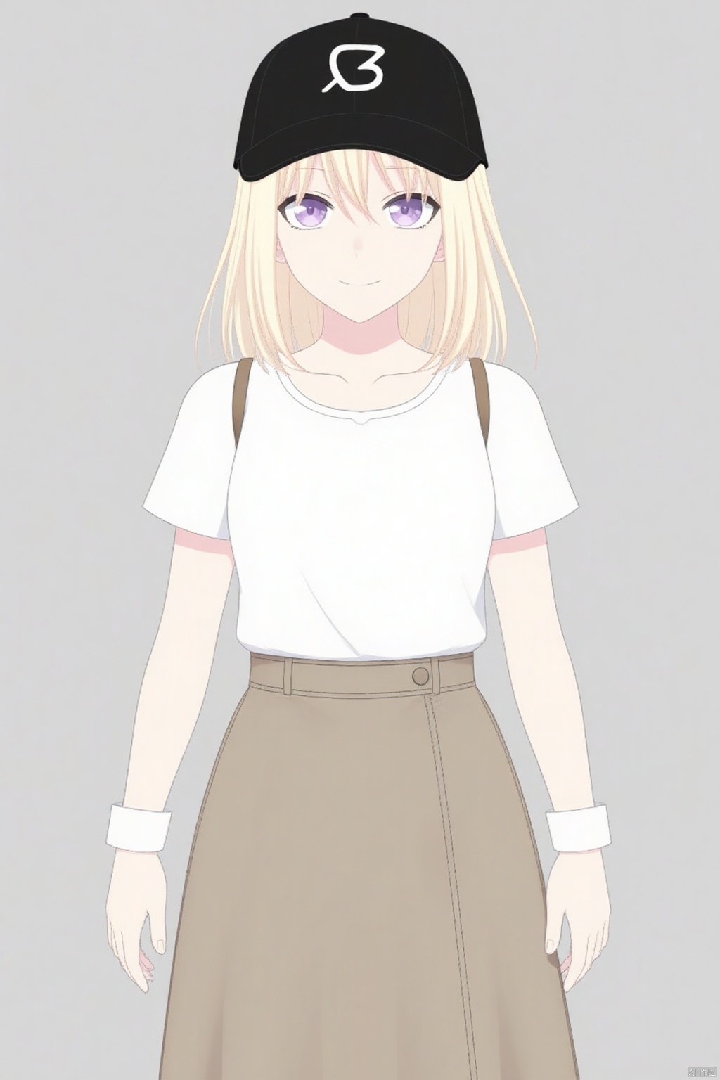 (grey background:1.2),looking at viewer,(SOLO:1.4),outline,simple background,full body,looking at viewer,(((arms at side))),Misumi Uika,blonde hair bangs,purple eyes,smile,medium hair,hair between eyes,skirt,shirt,hat,white shirt,short sleeves,shoes,socks,black footwear,black headwear,white socks,casual,sneakers,baseball cap,long skirt,brown skirt,shirt tucked in,medium skirt