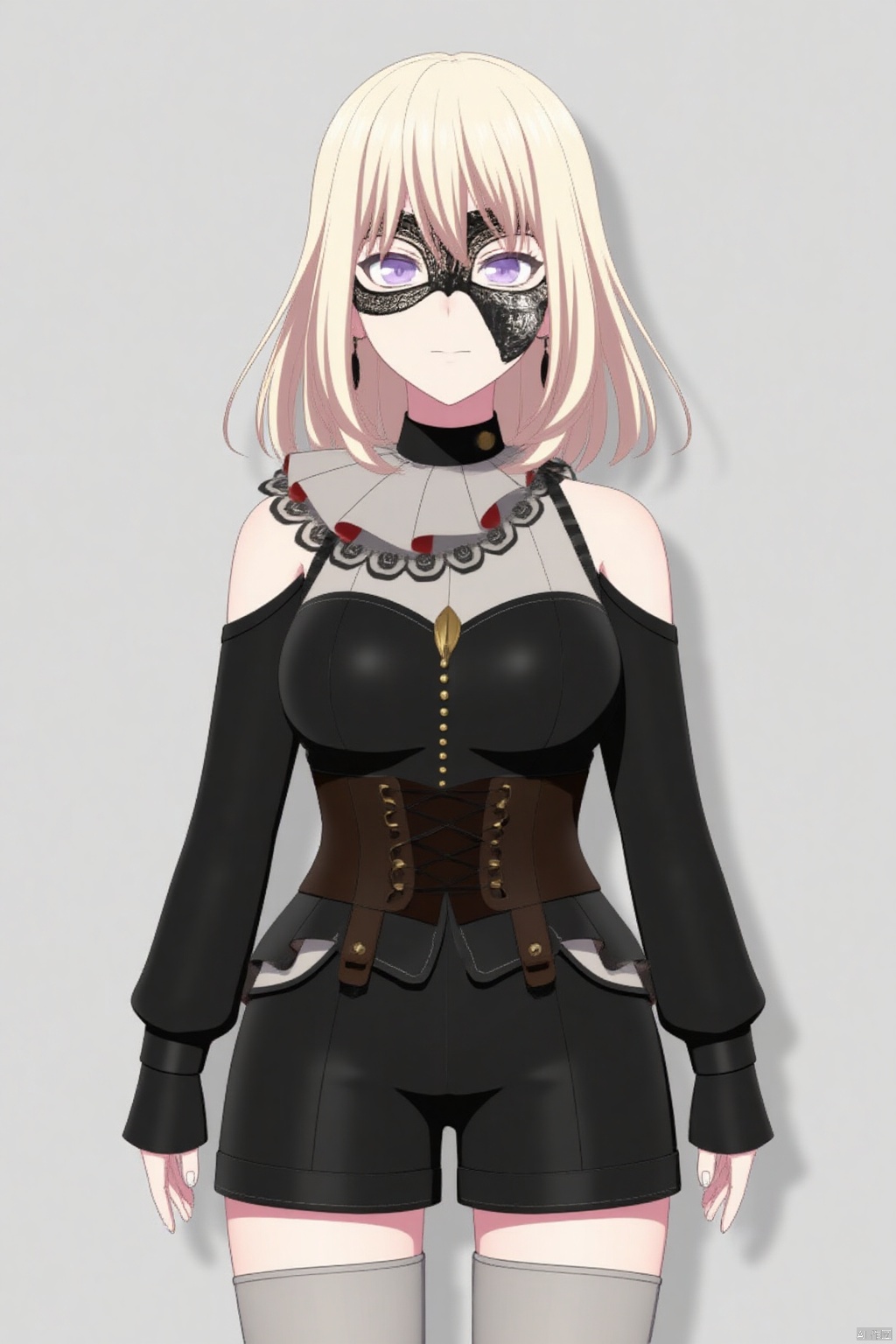(grey background:1.2),looking at viewer,(SOLO:1.4),outline,simple background,full body,looking at viewer,(((arms at side))),Misumi Uika,blonde hair bangs,purple eyes,smile,medium hair,hair between eyes,black_mask,long sleeves, black shorts, black dress, dress,grey socks,kneehighs,black high heels, off shoulders, black pants, corset, choker, ascot,gold_trim, black earrings, jewelry,