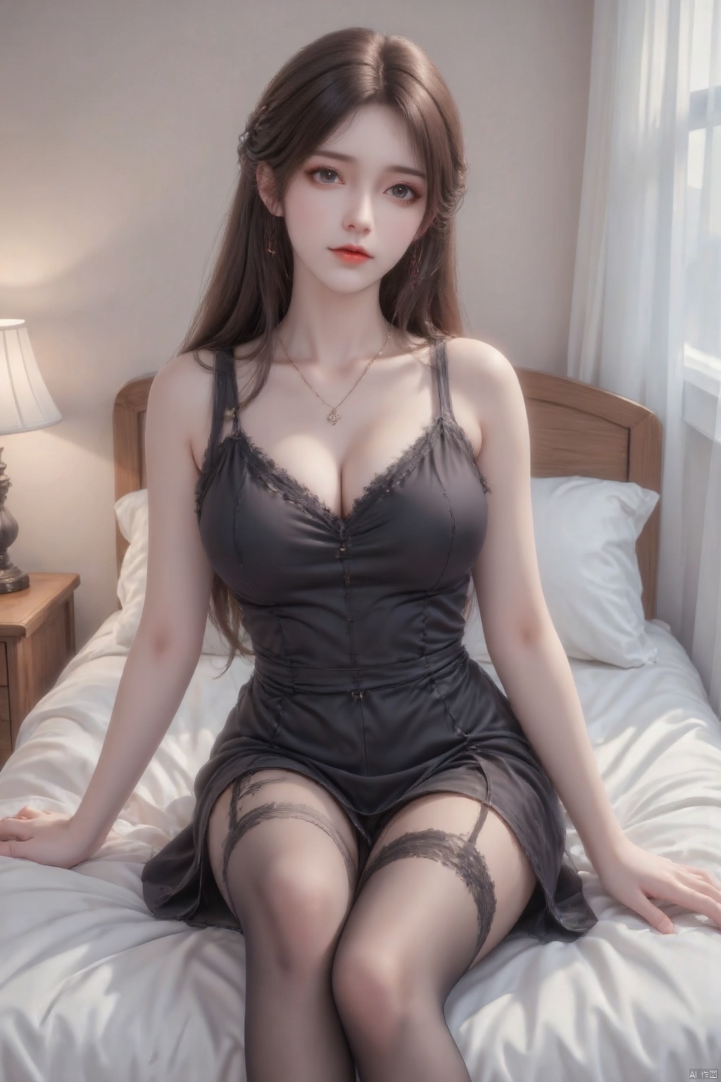 Masterpiece, the best quality, high quality, (colorful) , breasts,,(brown hair:1.4),(long legs:1.3),a woman is seated on a bed with her legs crossed. She is wearing a black dress, a necklace, and stockings. Her long brown hair is cascading down her shoulders, framing her face. The bed she is sitting on is made up of white sheets, with a brown headboard behind her. Her left hand is resting on the bed, while her right hand rests on a white pillow. A lamp with a white lampshade is on the left side of the bed. The wall behind her is painted a light beige, and there is a window to the right of her.