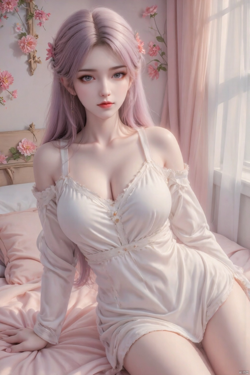 Masterpiece, the best quality, high quality, (colorful) , breasts,,,(long legs:1.3),Realistic photos, 1girl, long hair, fair skin, big breasts, bare shoulders, take off sweater, upper body, bedroom, flowers,
