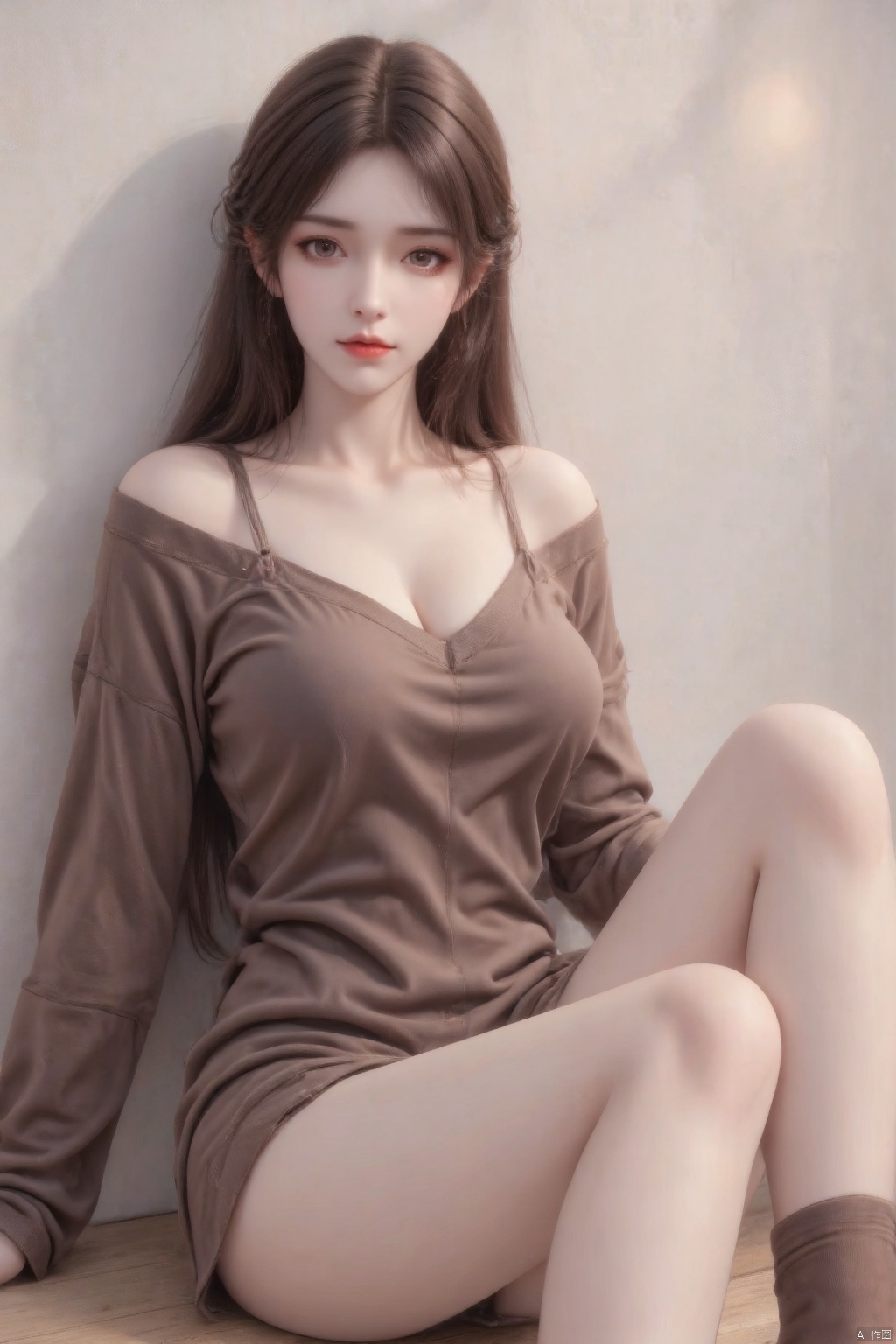 Masterpiece, the best quality, high quality, (colorful) , breasts,,(brown hair:1.4),(long legs:1.3),photograph,1girl,solo,long hair,looking at viewer,brown hair,long sleeves,brown eyes,sitting,closed mouth,socks,off shoulder,sweater,lips,sleeves past wrists,realistic,nos