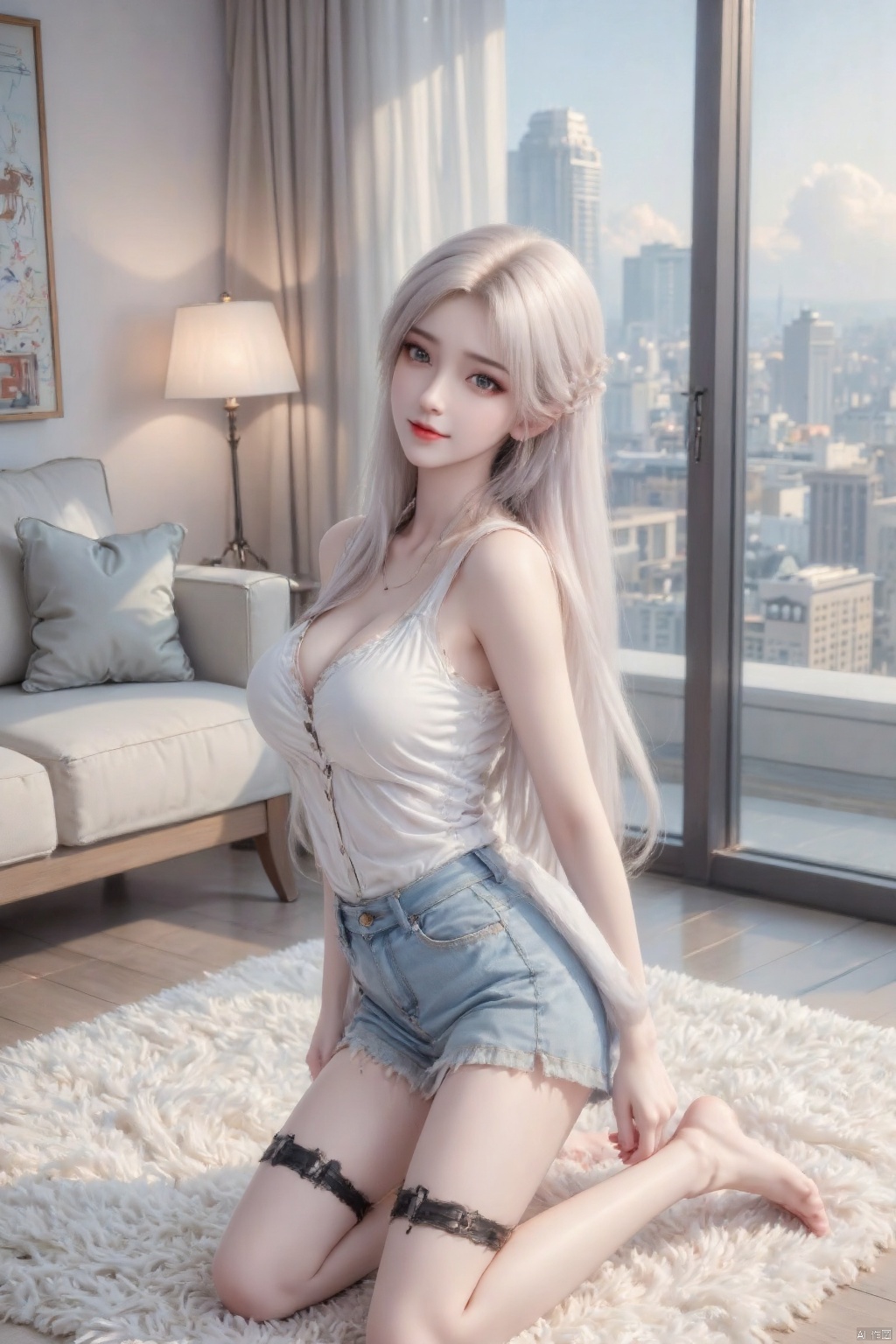 Masterpiece, the best quality, high quality, (colorful) , breasts,,(white hair:1.4),(long legs:1.3),A lively Asian woman with smooth golden long hair is kneeling on a white plush carpet indoors, hands behind her, legs slightly apart, showcasing her light blue denim miniskirt and the black strap on her thigh. Her smile is radiant, and her eyes reveal playfulness. The background is a cozy living room with large floor-to-ceiling windows and a view of the cityscape outside, captured from a side angle to highlight her leg lines and the comfortable indoor atmosphere.